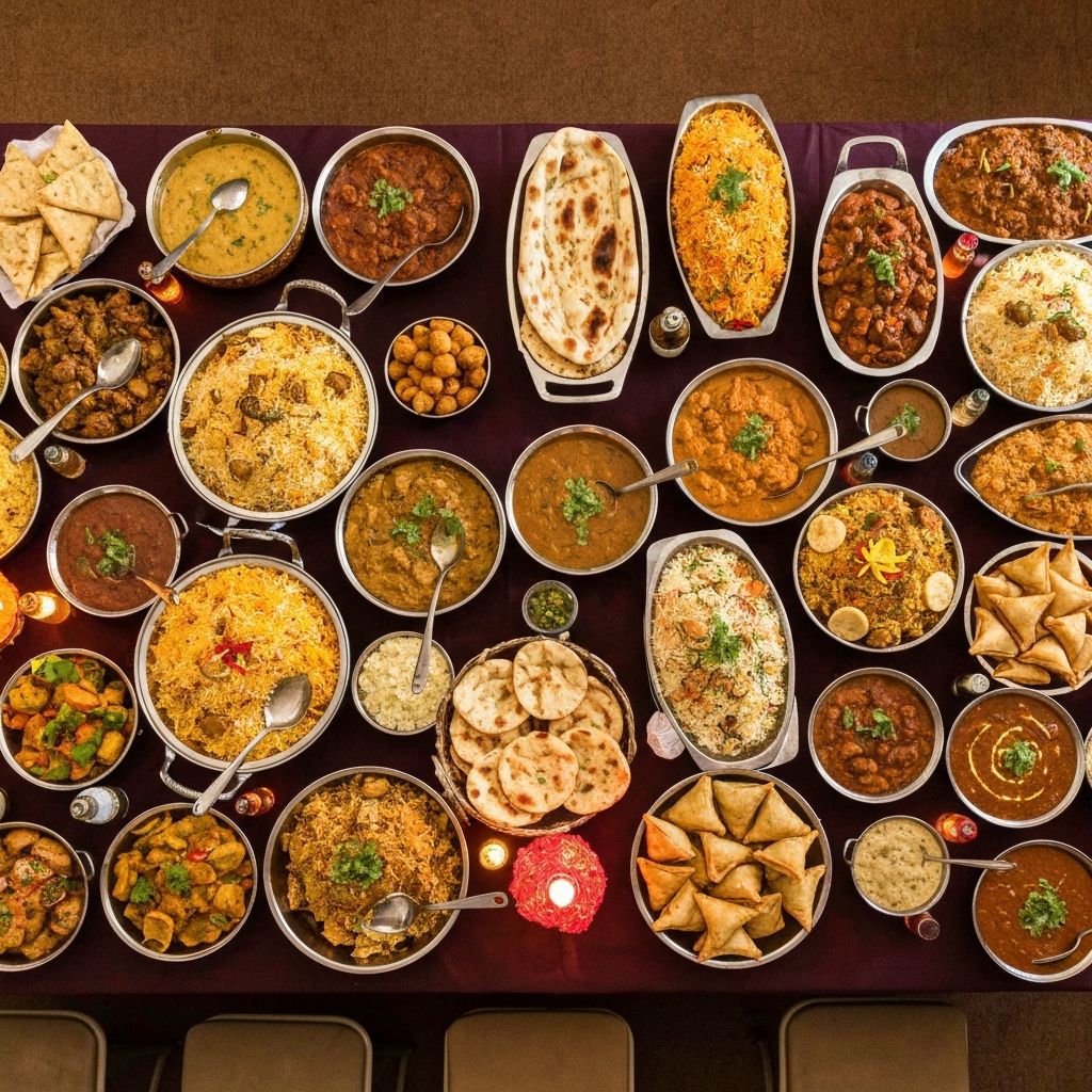 Large Indian catering spread for a community event
