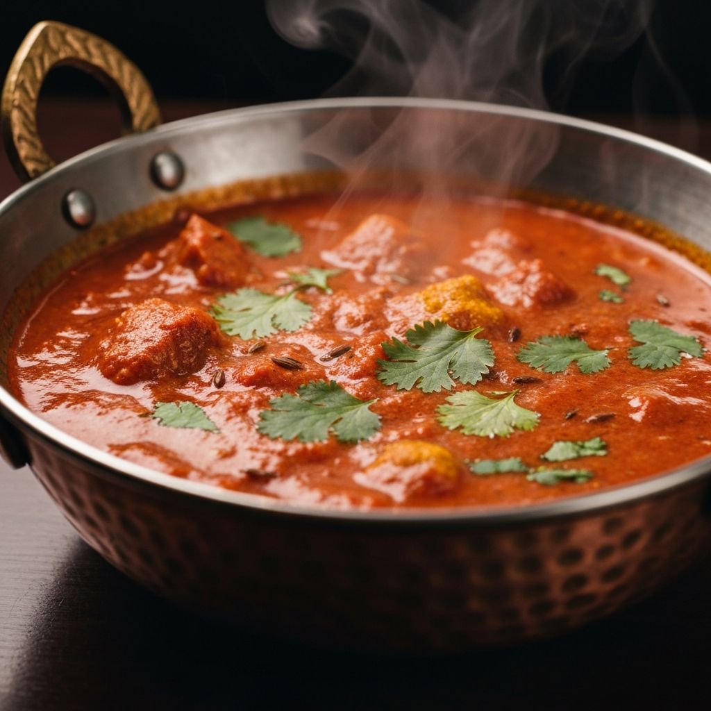 Rich Indian curry in a traditional copper karahi