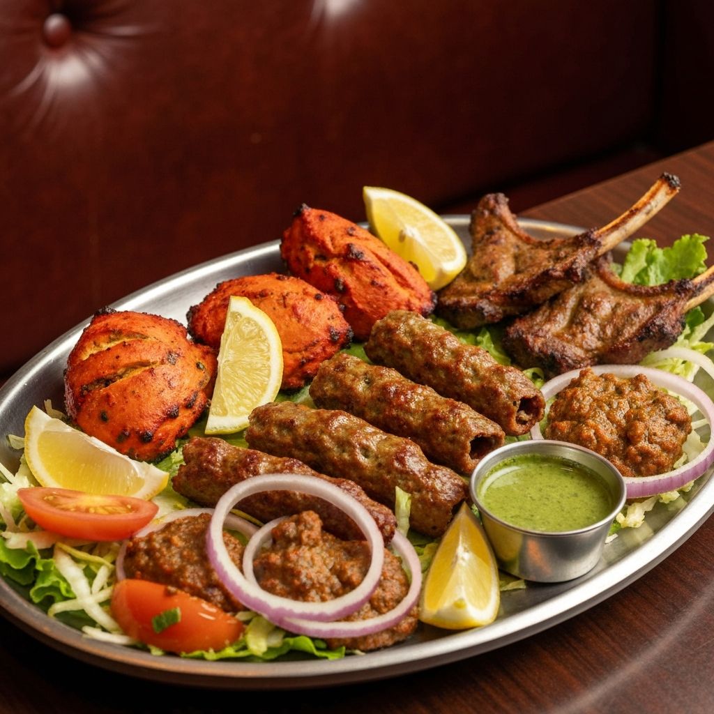 Tandoori mixed grill platter with chicken tikka and seekh kebabs